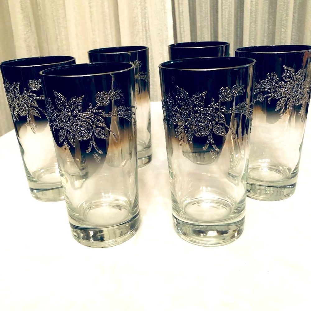 1970s Vitreon Queen’s Lustreware 6 Silver Platinum Mirror OmbreHighball Glasses - Picture 2 of 11
